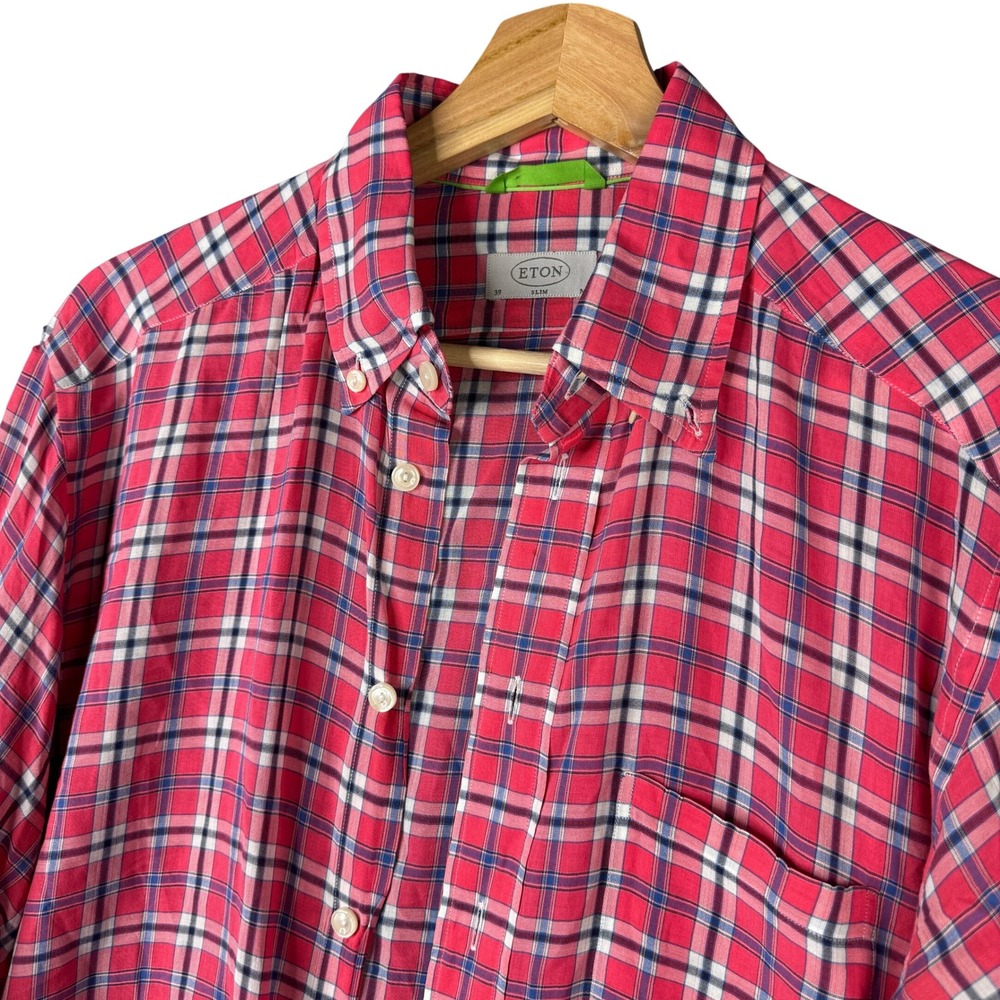 Eton Slim Fit Plaid Button Down Shirt Mens 39 Medium Red Blue White Cotton